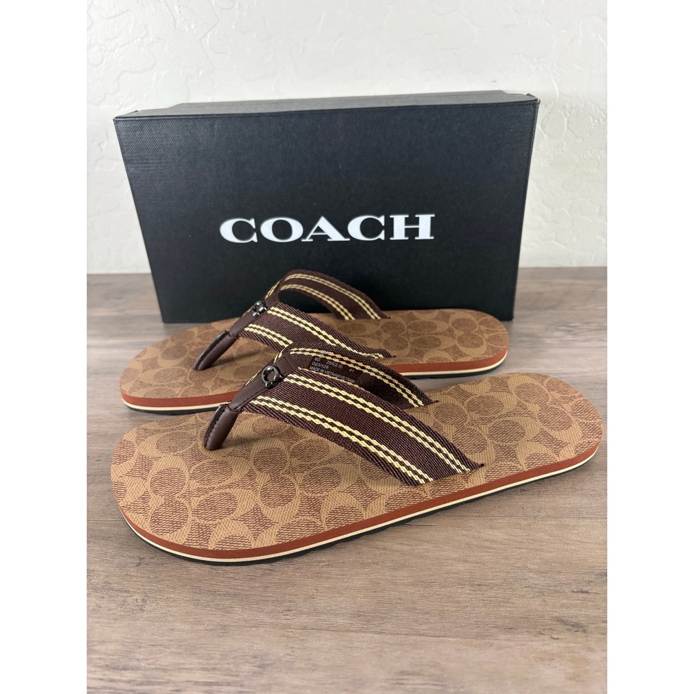 Coach Mens Sig Webbing Flip Flop Tan Signature C8896 Sandal Size 8 D